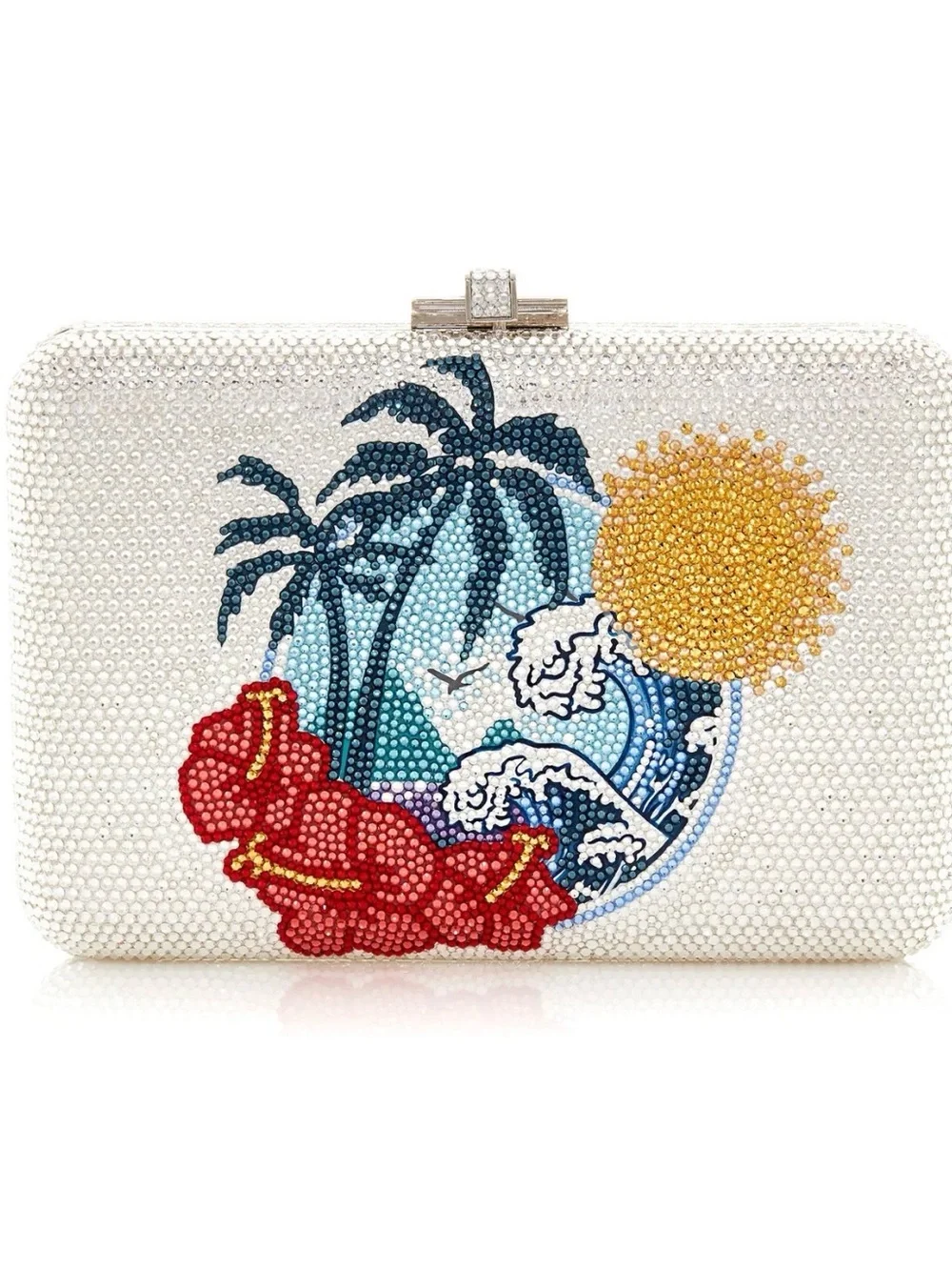 Judith Leiber White Crystal Tropical Wave Minaudière with Red Hibiscus